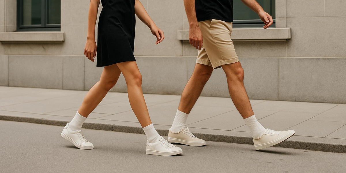 Frau und Mann tragen weisse Socken bei einem Spaziergang in der Stadt