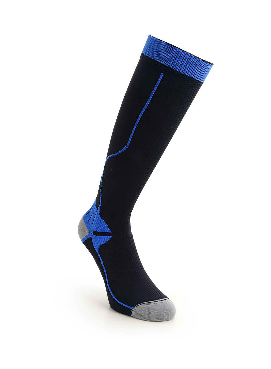 Schwarz Blau TECH Running kniehohe Kompressionssocken für Marathon, Trail Running und lange Distanzen.