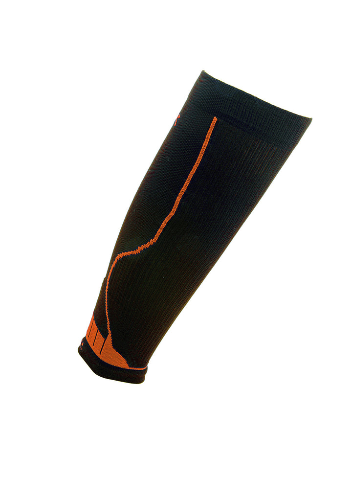 Schwarz Orange TECH Running Kompressions-Wadensleeves für Running, Trailrunning und Wettkampf. 